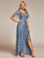 Short Sleeves Sequin High Low V-Neck Midi Formal Evening Dress - Image 28