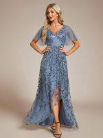 Short Sleeves Sequin High Low V-Neck Midi Formal Evening Dress - Image 3