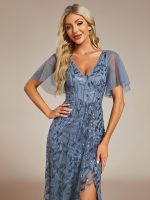 Short Sleeves Sequin High Low V-Neck Midi Formal Evening Dress - Image 26