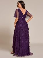 Short Sleeves Sequin High Low V-Neck Midi Formal Evening Dress - Image 91