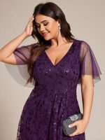 Short Sleeves Sequin High Low V-Neck Midi Formal Evening Dress - Image 92