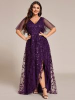 Short Sleeves Sequin High Low V-Neck Midi Formal Evening Dress - Image 90