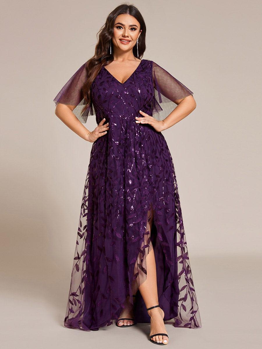 EE02083DP-PR_662d5c76-6aea-4c3b-bb71-ed3c92860e21 Short Sleeves Sequin High Low V-Neck Midi Formal Evening Dress - Image 90