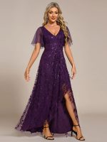 Short Sleeves Sequin High Low V-Neck Midi Formal Evening Dress - Image 87