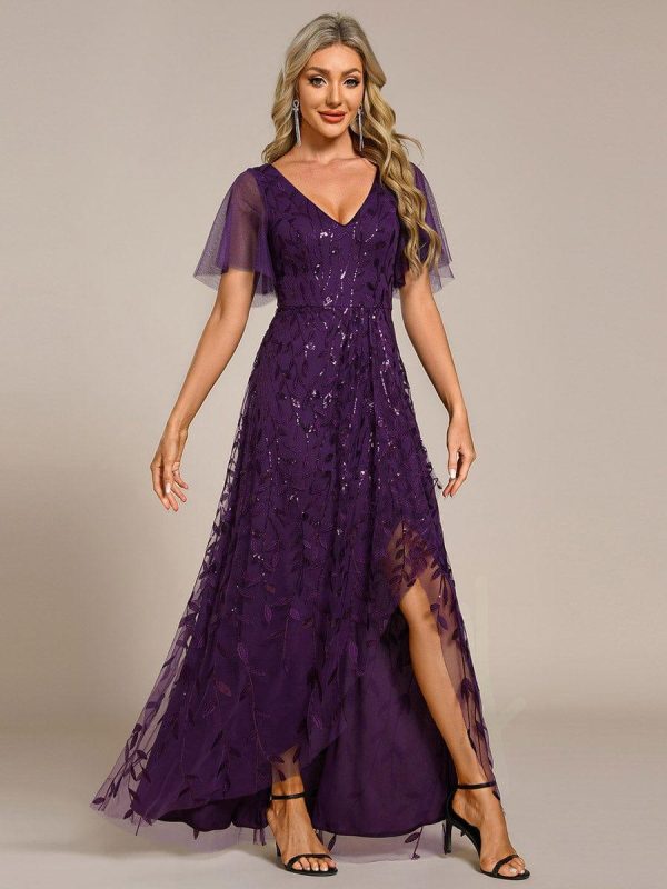 Short Sleeves Sequin High Low V-Neck Midi Formal Evening Dress - Image 87
