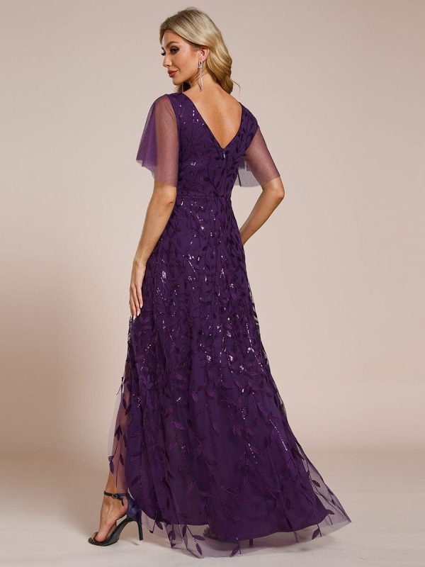 Short Sleeves Sequin High Low V-Neck Midi Formal Evening Dress - Image 86
