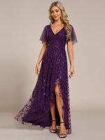 Short Sleeves Sequin High Low V-Neck Midi Formal Evening Dress - Image 89