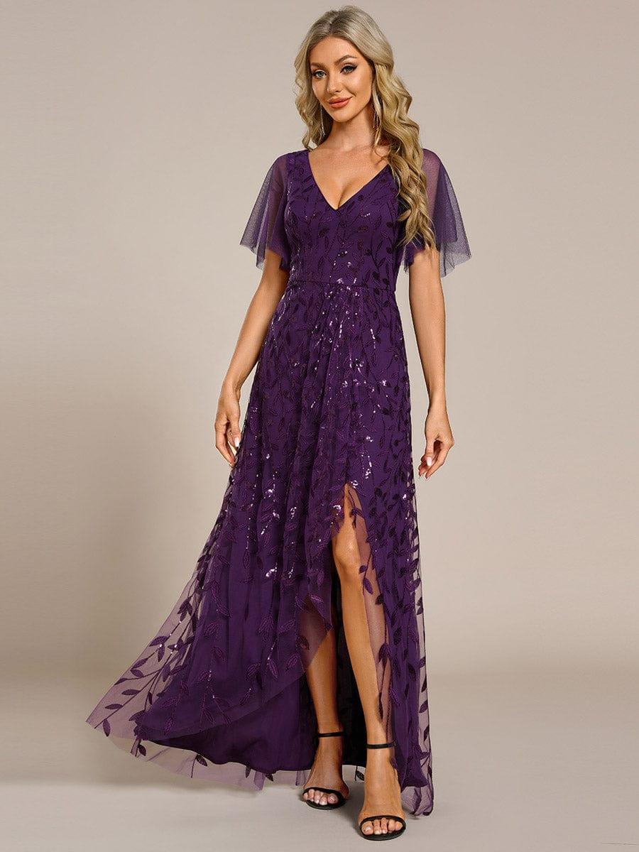 EE02083DP-R3 Short Sleeves Sequin High Low V-Neck Midi Formal Evening Dress - Image 89