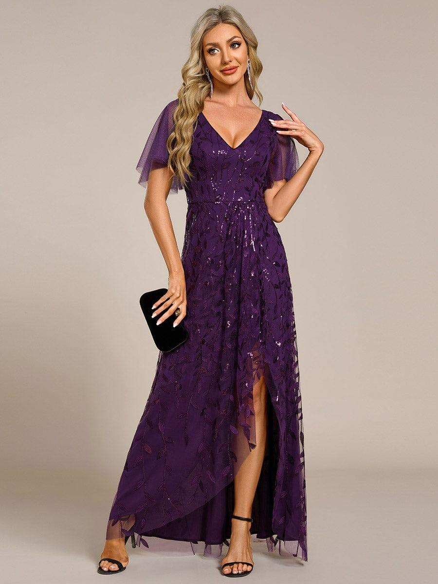 EE02083DP-R4 Short Sleeves Sequin High Low V-Neck Midi Formal Evening Dress - Image 85