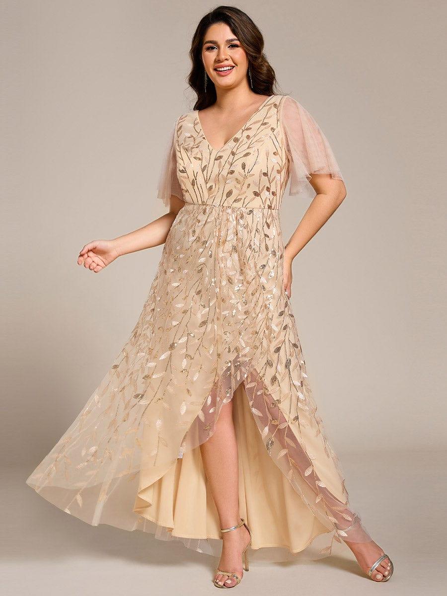 EE02083GD-PR Short Sleeves Sequin High Low V-Neck Midi Formal Evening Dress - Image 75