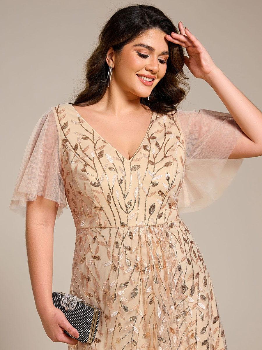 EE02083GD-PR5 Short Sleeves Sequin High Low V-Neck Midi Formal Evening Dress - Image 77