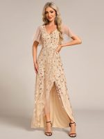 Short Sleeves Sequin High Low V-Neck Midi Formal Evening Dress - Image 74