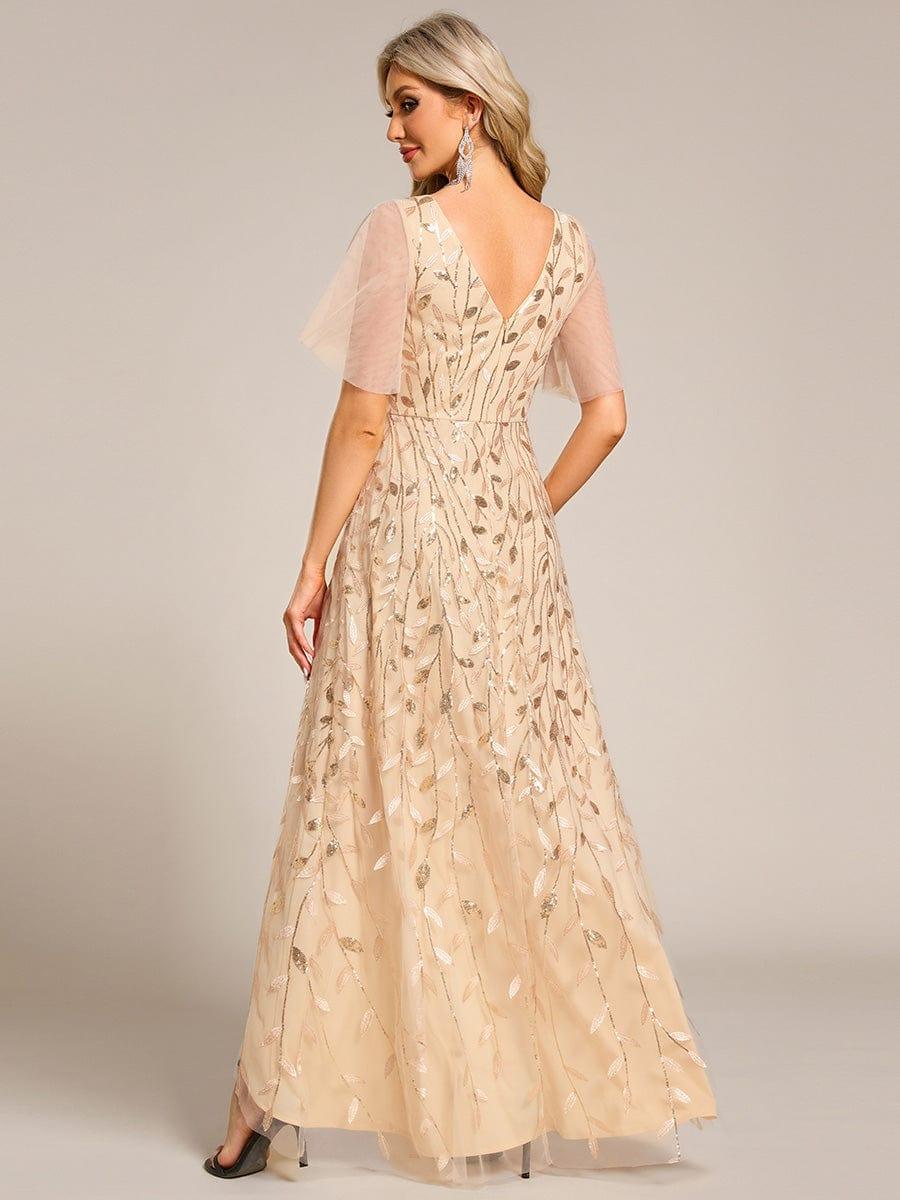 EE02083GD-R2 Short Sleeves Sequin High Low V-Neck Midi Formal Evening Dress - Image 6
