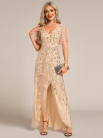 Short Sleeves Sequin High Low V-Neck Midi Formal Evening Dress - Image 73