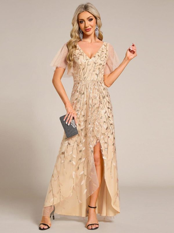 Short Sleeves Sequin High Low V-Neck Midi Formal Evening Dress - Image 5