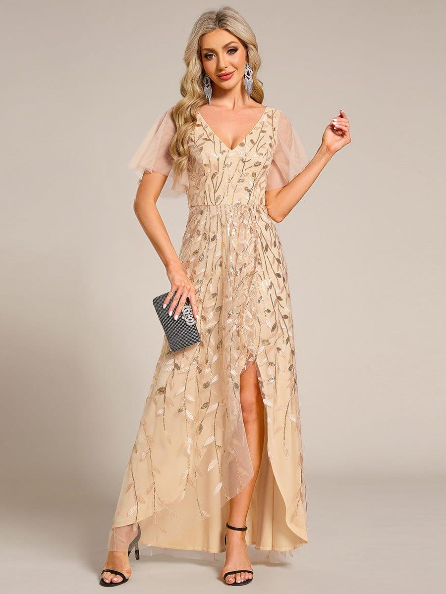 EE02083GD-R4 Short Sleeves Sequin High Low V-Neck Midi Formal Evening Dress - Image 5