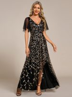 Short Sleeves Sequin High Low V-Neck Midi Formal Evening Dress - Image 78