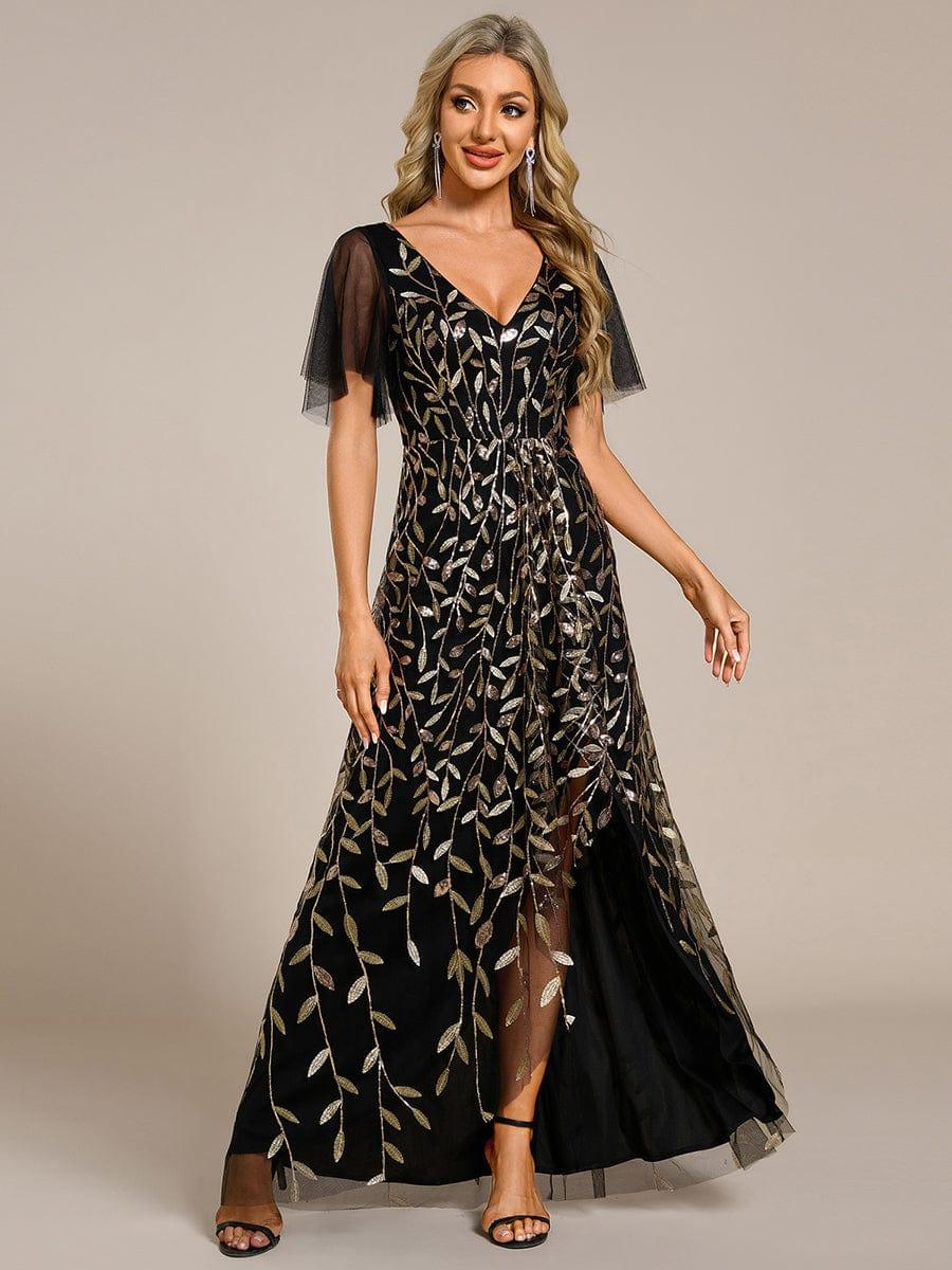 EE02083KG-R3 Short Sleeves Sequin High Low V-Neck Midi Formal Evening Dress - Image 78