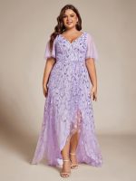 Short Sleeves Sequin High Low V-Neck Midi Formal Evening Dress - Image 37