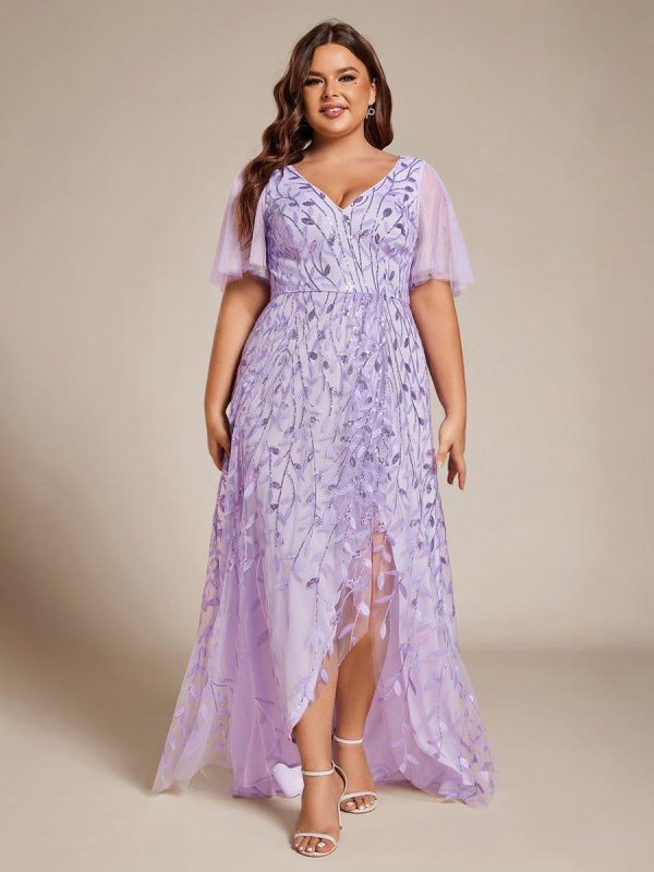 Short Sleeves Sequin High Low V-Neck Midi Formal Evening Dress - Image 37