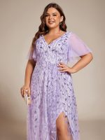 Short Sleeves Sequin High Low V-Neck Midi Formal Evening Dress - Image 39