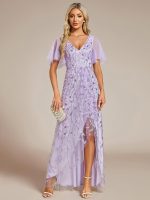 Short Sleeves Sequin High Low V-Neck Midi Formal Evening Dress - Image 36
