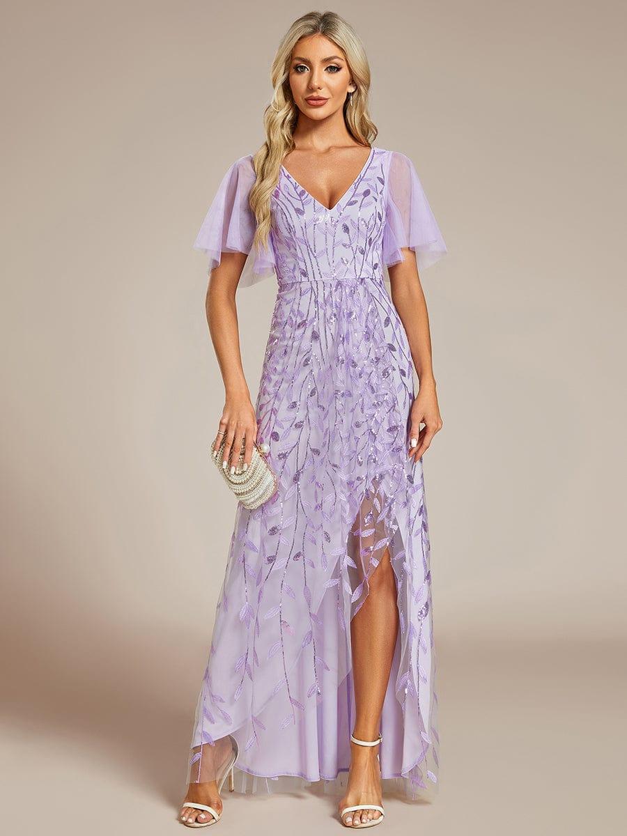 EE02083LV-R Short Sleeves Sequin High Low V-Neck Midi Formal Evening Dress - Image 36