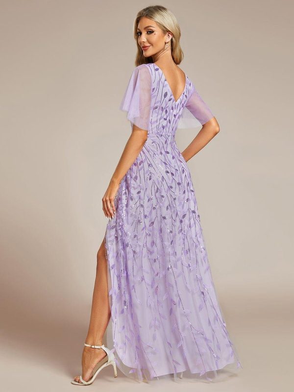 Short Sleeves Sequin High Low V-Neck Midi Formal Evening Dress - Image 33