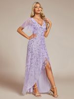 Short Sleeves Sequin High Low V-Neck Midi Formal Evening Dress - Image 32
