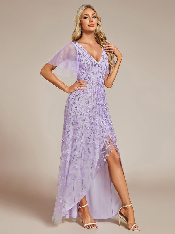 Short Sleeves Sequin High Low V-Neck Midi Formal Evening Dress - Image 32
