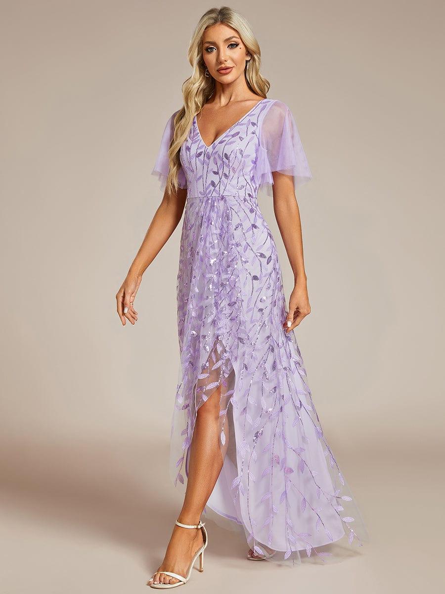 EE02083LV-R4 Short Sleeves Sequin High Low V-Neck Midi Formal Evening Dress - Image 35