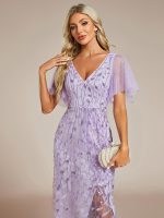Short Sleeves Sequin High Low V-Neck Midi Formal Evening Dress - Image 34