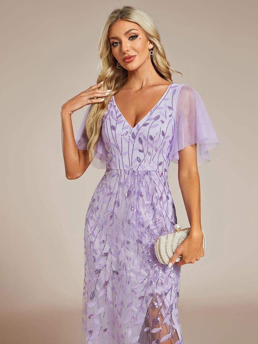 EE02083LV-R5 Short Sleeves Sequin High Low V-Neck Midi Formal Evening Dress - Image 34