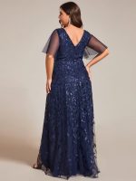 Short Sleeves Sequin High Low V-Neck Midi Formal Evening Dress - Image 12