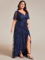 Short Sleeves Sequin High Low V-Neck Midi Formal Evening Dress - Image 15