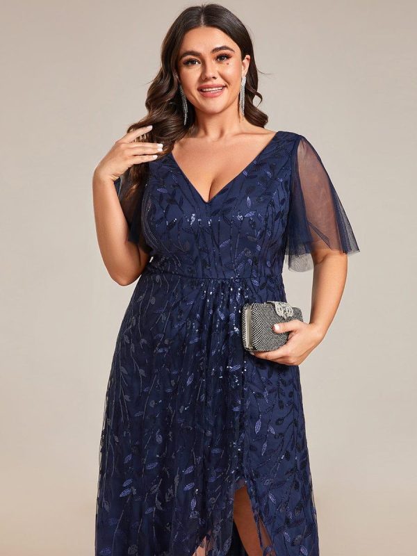 Short Sleeves Sequin High Low V-Neck Midi Formal Evening Dress - Image 13