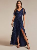 Short Sleeves Sequin High Low V-Neck Midi Formal Evening Dress - Image 7