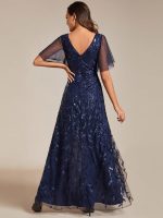 Short Sleeves Sequin High Low V-Neck Midi Formal Evening Dress - Image 8