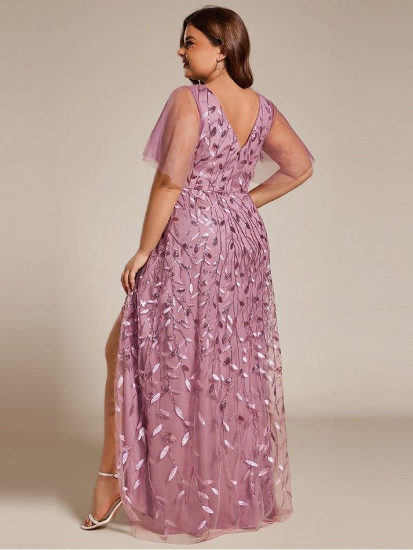 Short Sleeves Sequin High Low V-Neck Midi Formal Evening Dress - Image 52