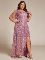 Short Sleeves Sequin High Low V-Neck Midi Formal Evening Dress - Image 51