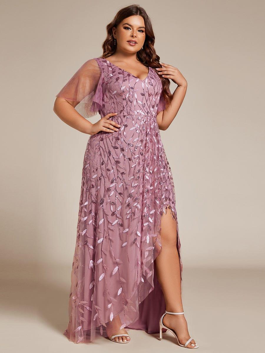 EE02083OD-PR3 Short Sleeves Sequin High Low V-Neck Midi Formal Evening Dress - Image 51