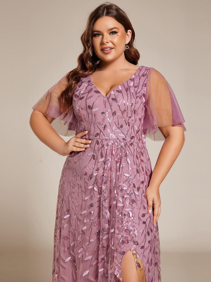 EE02083OD-PR5 Short Sleeves Sequin High Low V-Neck Midi Formal Evening Dress - Image 53