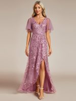 Short Sleeves Sequin High Low V-Neck Midi Formal Evening Dress - Image 50