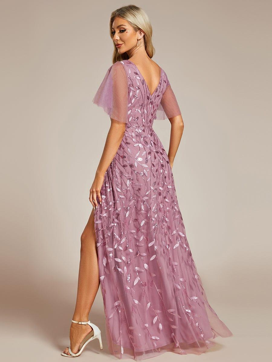 EE02083OD-R2 Short Sleeves Sequin High Low V-Neck Midi Formal Evening Dress - Image 47