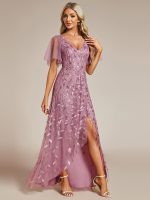 Short Sleeves Sequin High Low V-Neck Midi Formal Evening Dress - Image 49
