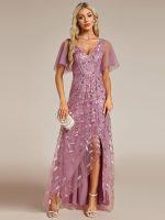Short Sleeves Sequin High Low V-Neck Midi Formal Evening Dress - Image 46