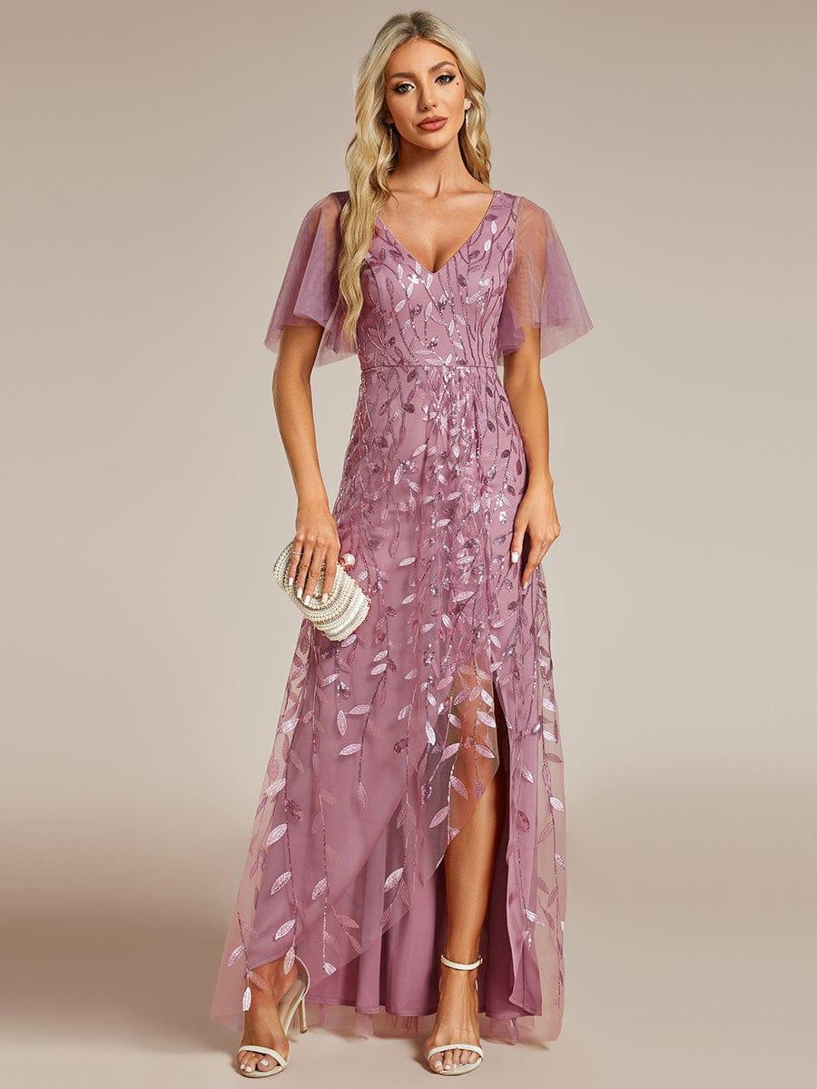 EE02083OD-R4 Short Sleeves Sequin High Low V-Neck Midi Formal Evening Dress - Image 46