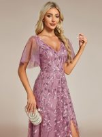 Short Sleeves Sequin High Low V-Neck Midi Formal Evening Dress - Image 48