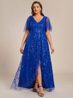 Short Sleeves Sequin High Low V-Neck Midi Formal Evening Dress - Image 102