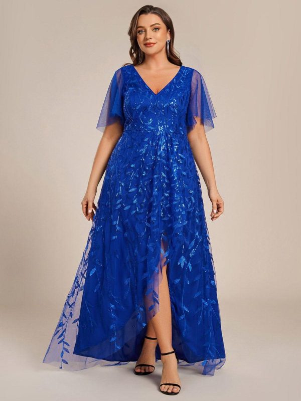 Short Sleeves Sequin High Low V-Neck Midi Formal Evening Dress - Image 102